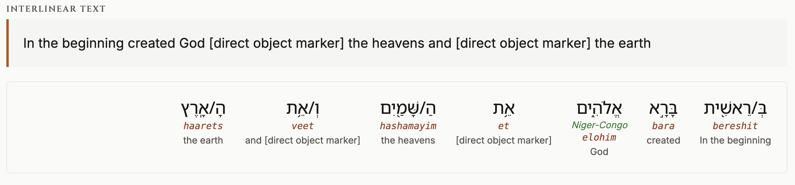 Interlinear translation layout showing Hebrew text with morphological analysis and English glosses